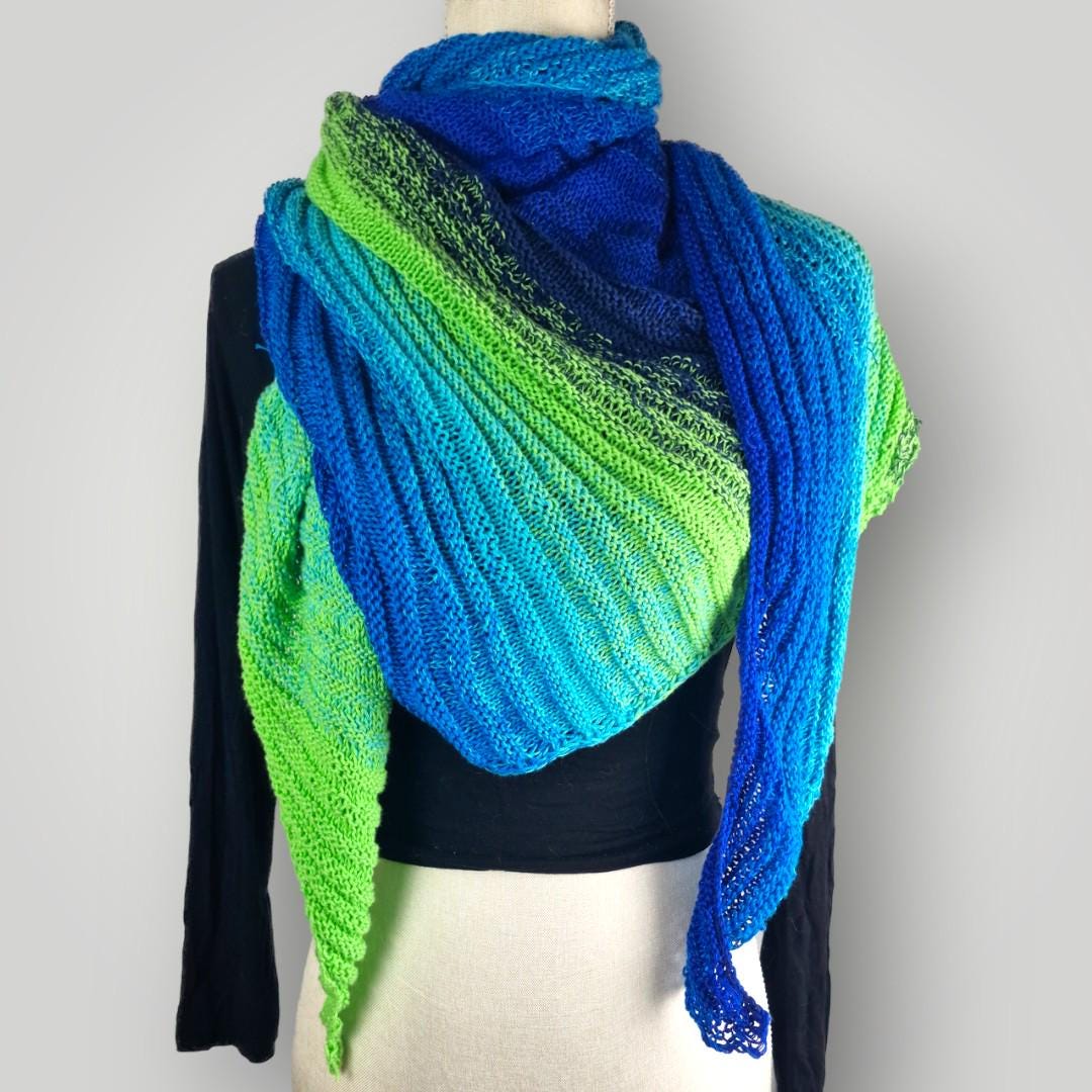 il_fullxfull.7667766294_pd6m.jpg Aurora Borealis Knitted Shawl Scarf, Gradient Green Blue Wrap, Soft Acrylic Yarn - Lina And Stitches
