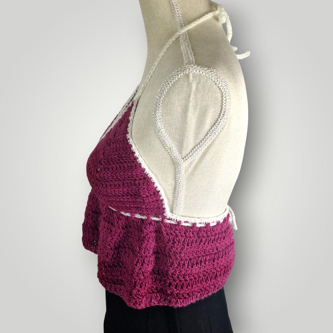 Handmade Crochet Babydoll Top, Halter Neck Summer Top, Adjustable Tie Back, Size M - Lina And Stitches