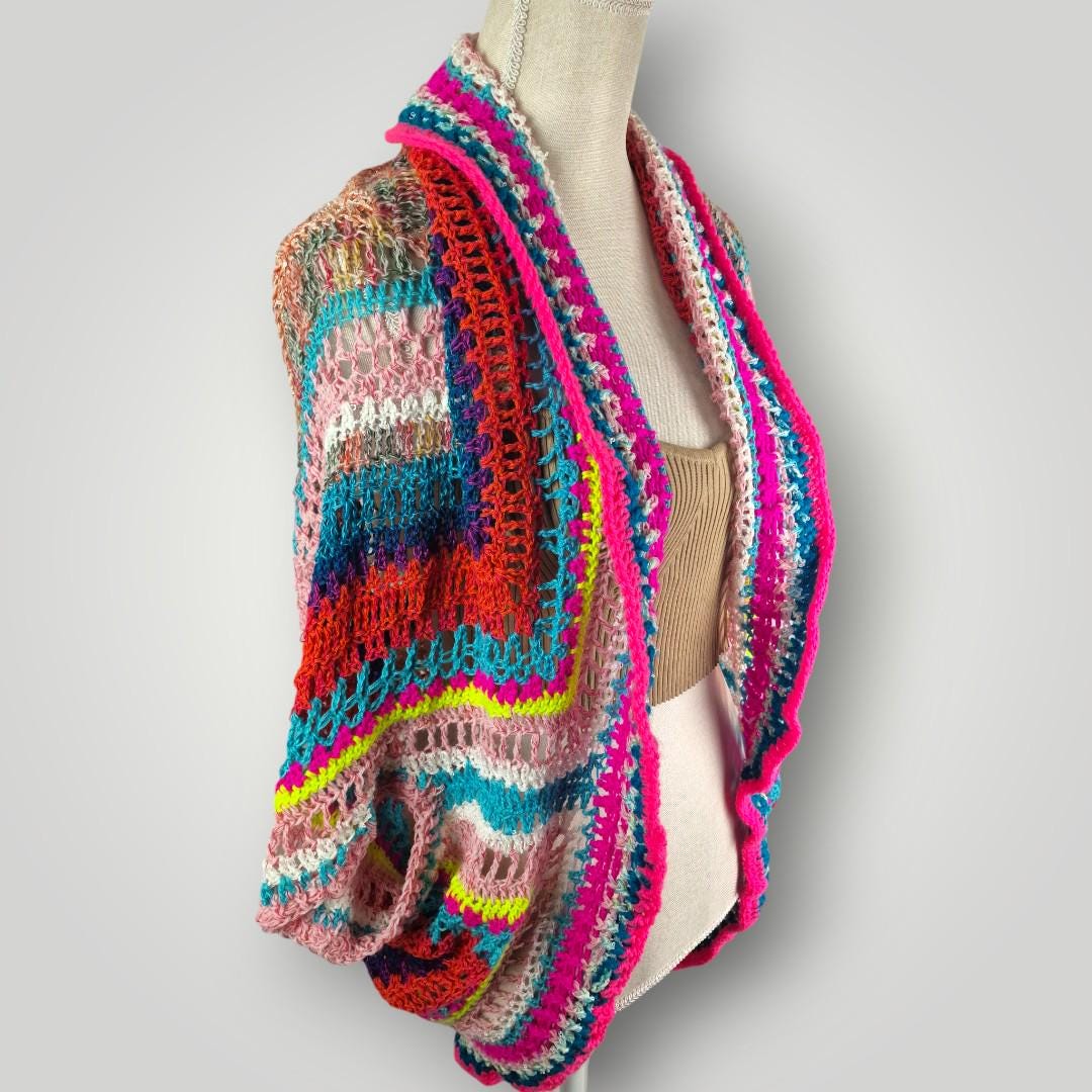 Bohemian Crochet Cocoon Cardigan | Handmade Oversized Cardigan | Colorful Boho Wrap | Size L XL - Lina And Stitches