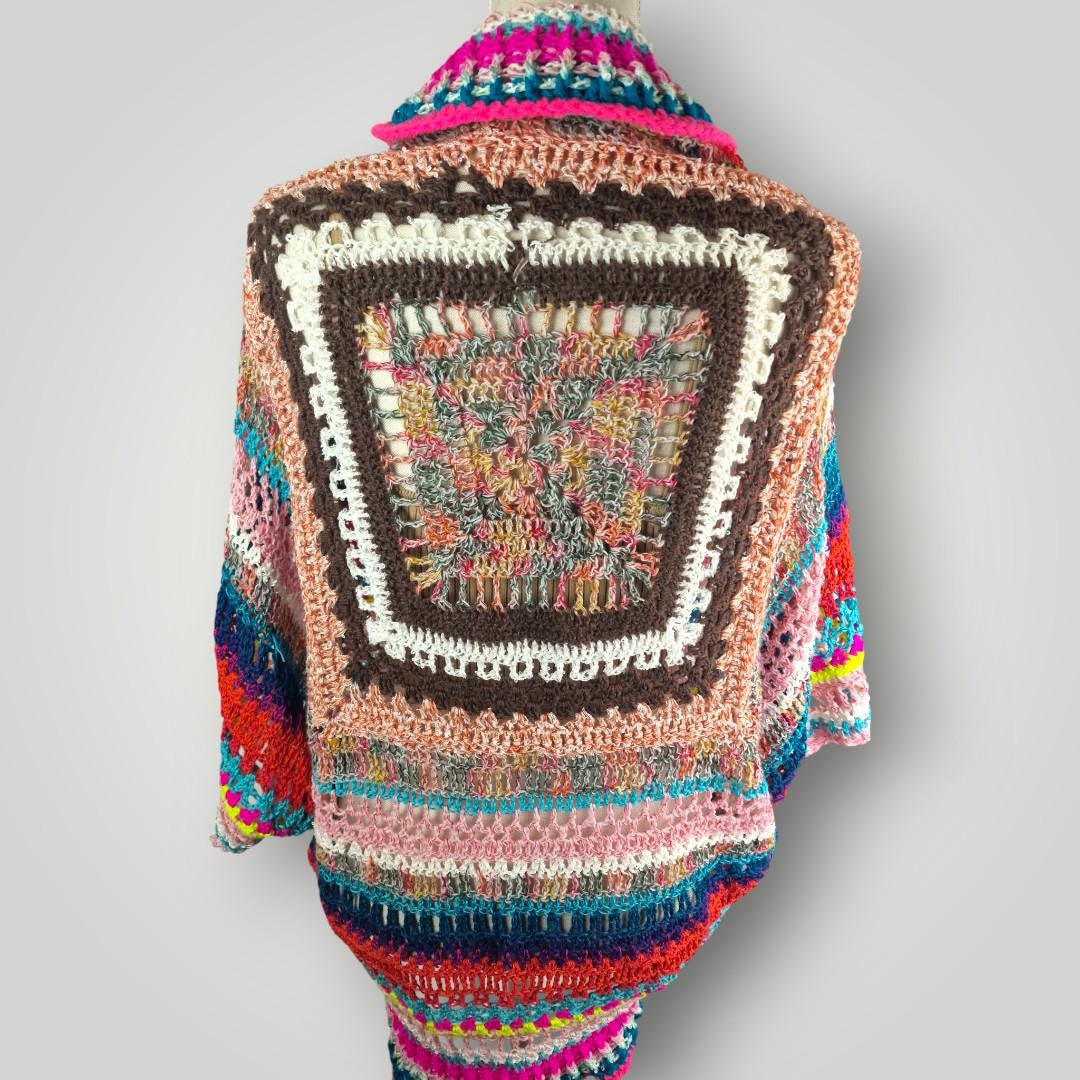 Bohemian Crochet Cocoon Cardigan | Handmade Oversized Cardigan | Colorful Boho Wrap | Size L XL - Lina And Stitches