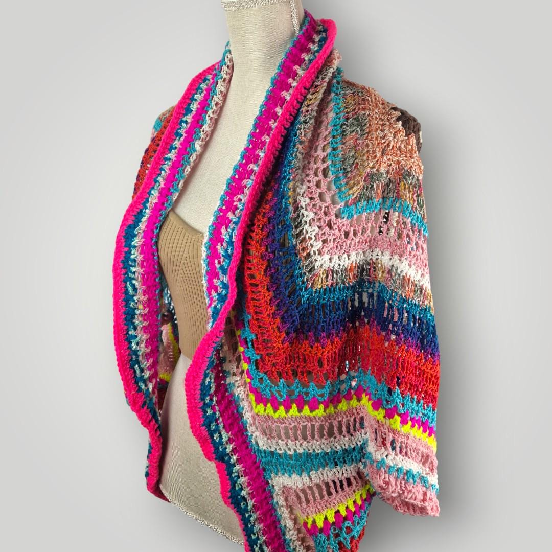 Bohemian Crochet Cocoon Cardigan | Handmade Oversized Cardigan | Colorful Boho Wrap | Size L XL - Lina And Stitches