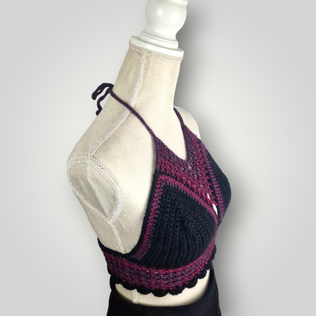 il_fullxfull.7668084378_lkyp.jpg Handmade Crochet Halter Bralette Top, Caged Front Detail, Mesh Lace Chest Panel, Adjustable Tie Back - Lina And Stitches