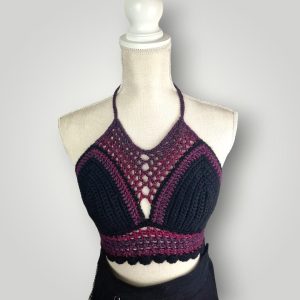 Handmade Crochet Halter Bralette Top, Caged Front Detail, Mesh Lace Chest Panel, Adjustable Tie Back - Lina And Stitches