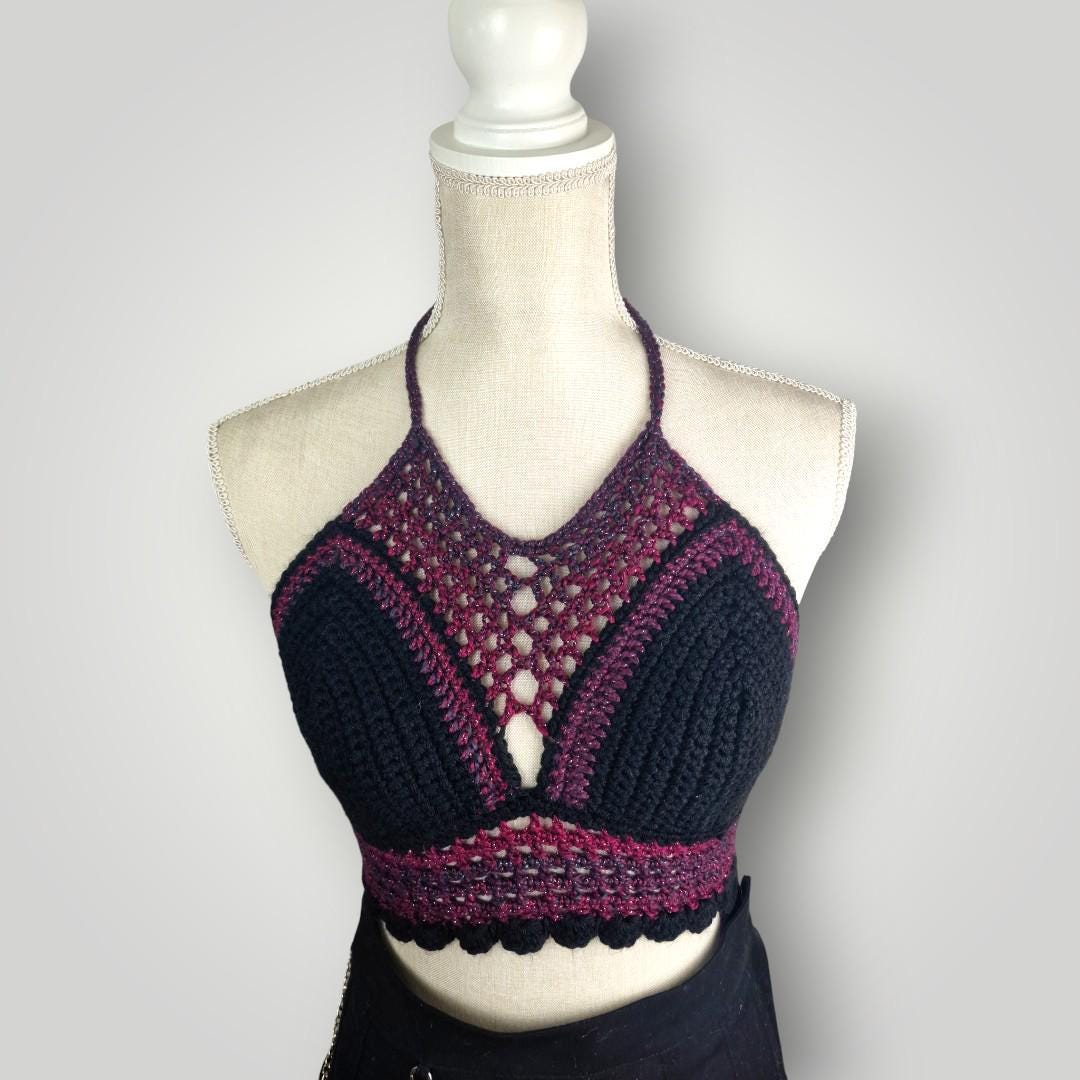 il_fullxfull.7668084380_4bdt.jpg Handmade Crochet Halter Bralette Top, Caged Front Detail, Mesh Lace Chest Panel, Adjustable Tie Back - Lina And Stitches
