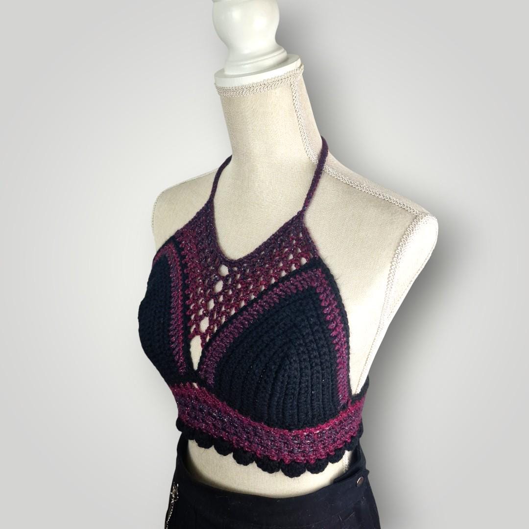 il_fullxfull.7668084382_keua.jpg Handmade Crochet Halter Bralette Top, Caged Front Detail, Mesh Lace Chest Panel, Adjustable Tie Back - Lina And Stitches