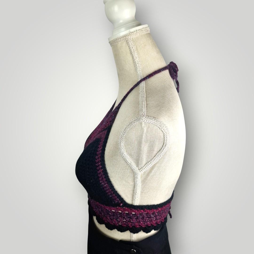 il_fullxfull.7668084384_1win.jpg Handmade Crochet Halter Bralette Top, Caged Front Detail, Mesh Lace Chest Panel, Adjustable Tie Back - Lina And Stitches