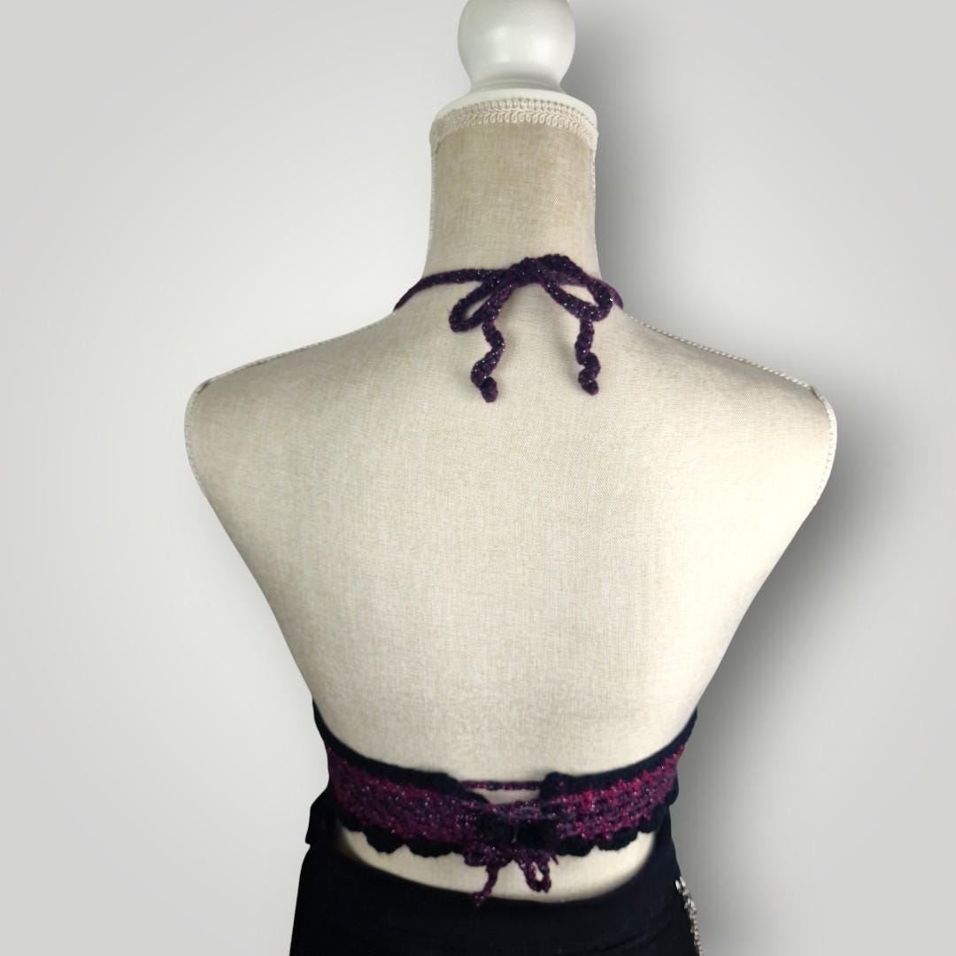 il_fullxfull.7668084386_63co.jpg Handmade Crochet Halter Bralette Top, Caged Front Detail, Mesh Lace Chest Panel, Adjustable Tie Back - Lina And Stitches