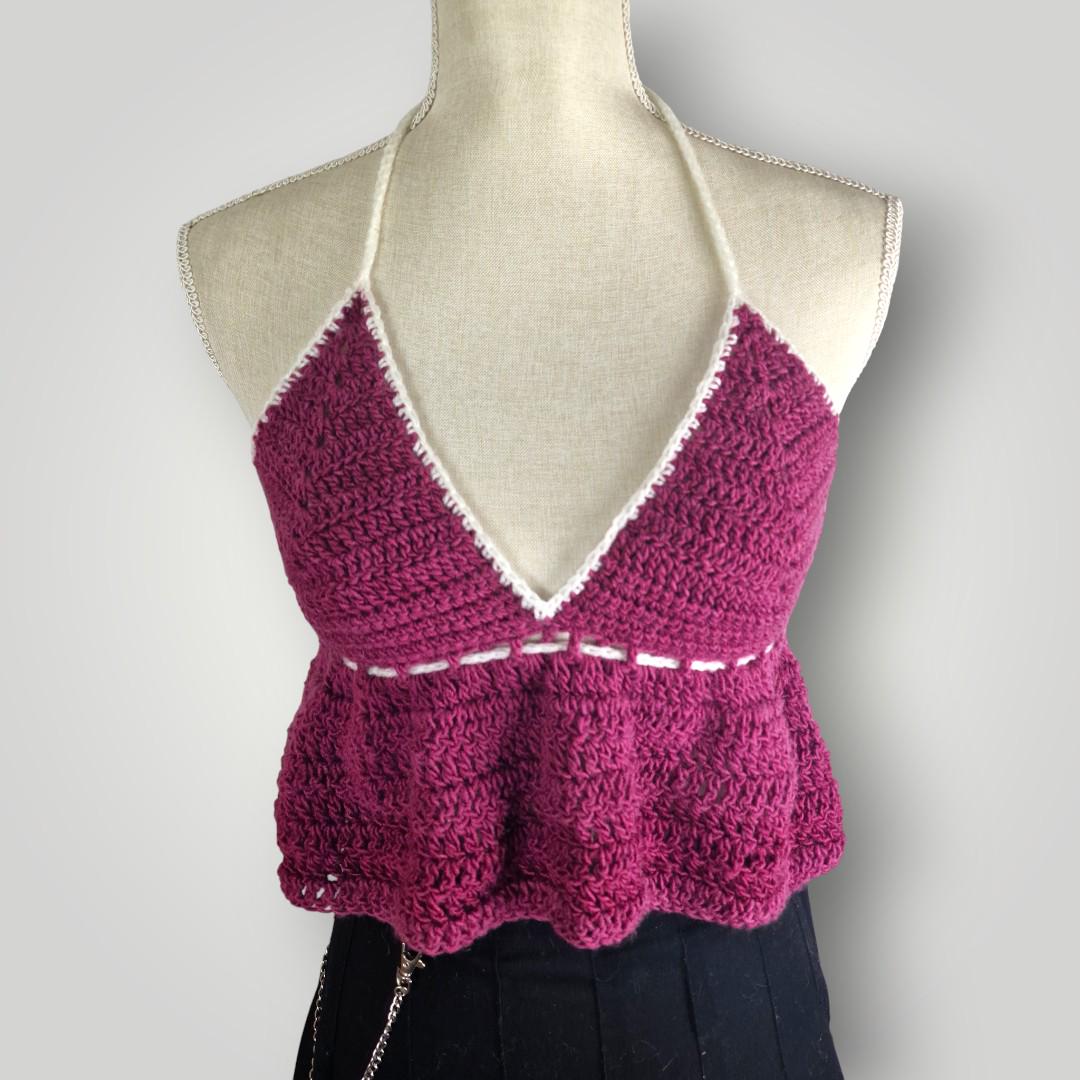 Handmade Crochet Babydoll Top, Halter Neck Summer Top, Adjustable Tie Back, Size M - Lina And Stitches