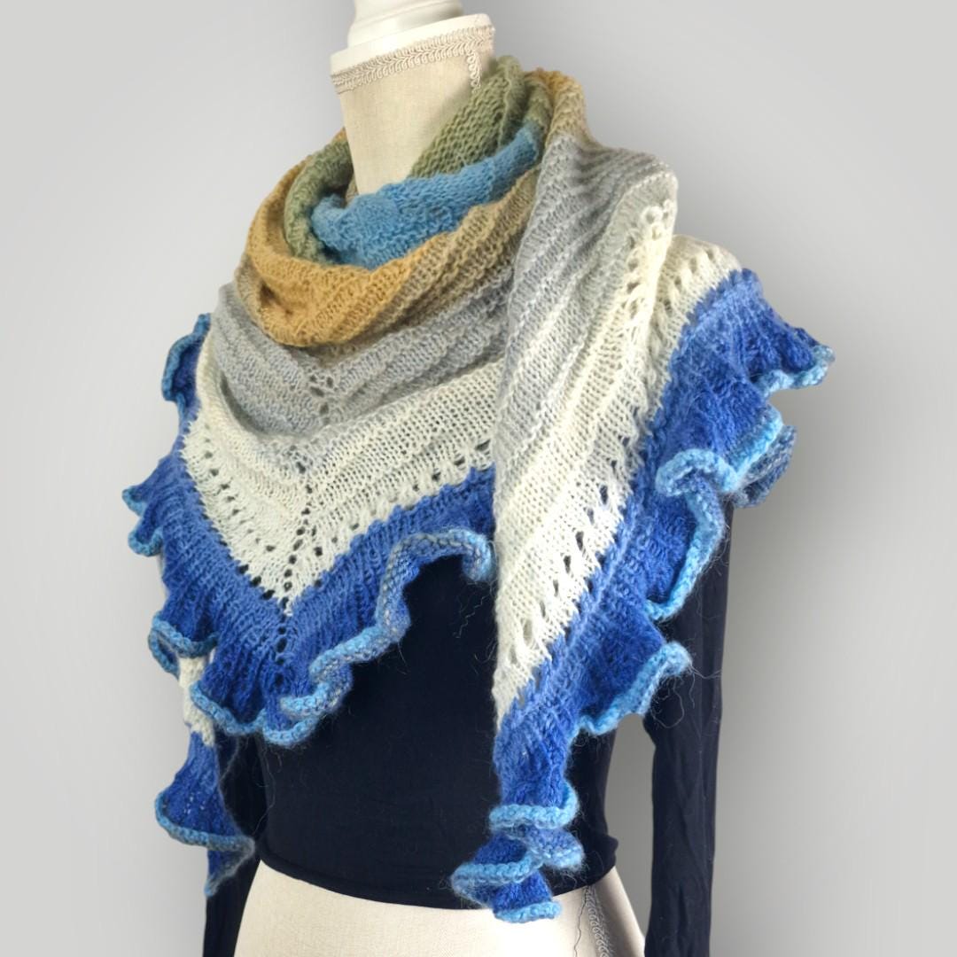 Blue Knitted Triangle Shawl | Handmade Long Wrap | 180 cm | One Size - Lina And Stitches