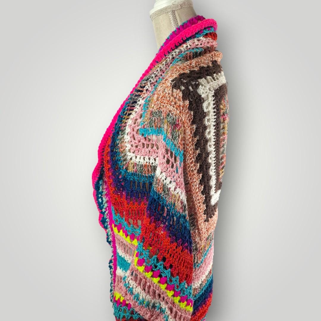 Bohemian Crochet Cocoon Cardigan | Handmade Oversized Cardigan | Colorful Boho Wrap | Size L XL - Lina And Stitches