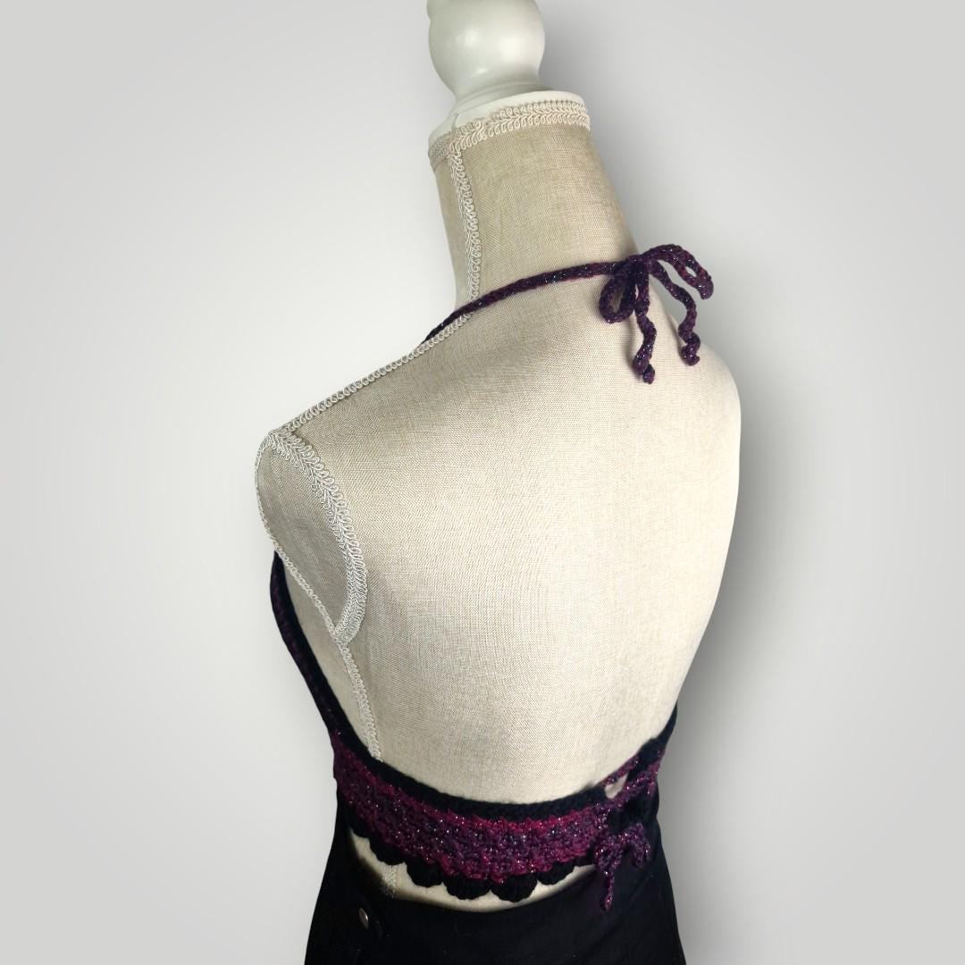 il_fullxfull.7716041291_1d7n.jpg Handmade Crochet Halter Bralette Top, Caged Front Detail, Mesh Lace Chest Panel, Adjustable Tie Back - Lina And Stitches