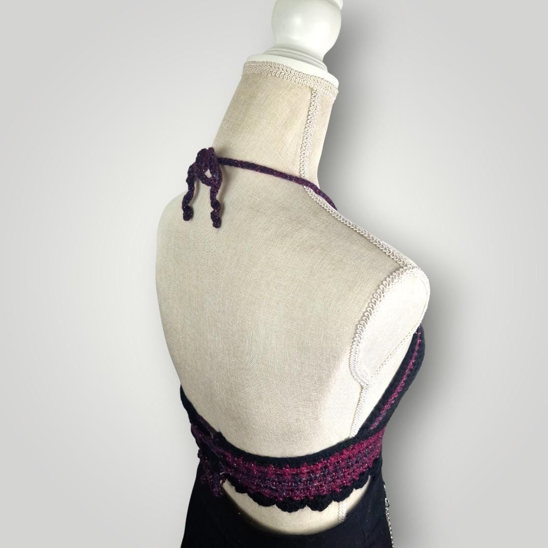 il_fullxfull.7716041307_1gyz.jpg Handmade Crochet Halter Bralette Top, Caged Front Detail, Mesh Lace Chest Panel, Adjustable Tie Back - Lina And Stitches