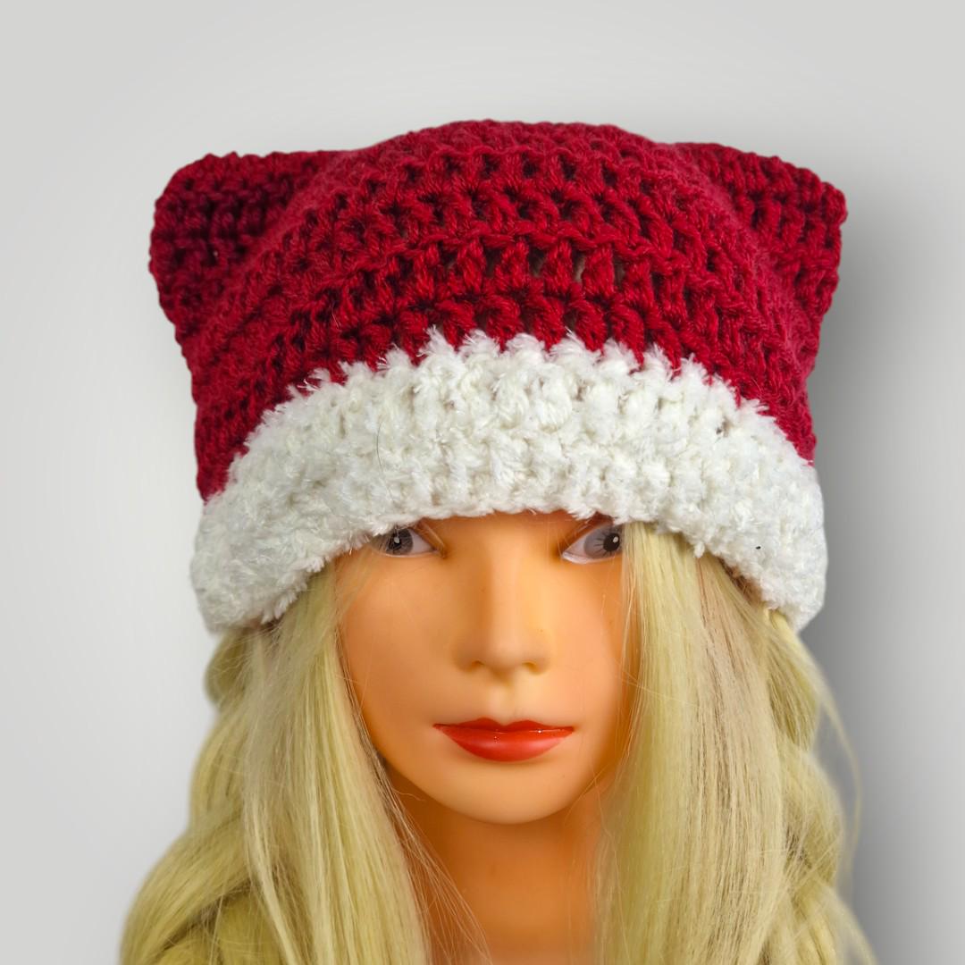 Christmas Cat Ear Beanie Crochet, Festive Holiday Hat, Cozy Teddy Brim, Handmade Winter Beanie - Lina And Stitches