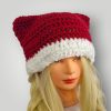 Christmas Cat Ear Beanie Crochet, Festive Holiday Hat, Cozy Teddy Brim, Handmade Winter Beanie - Lina And Stitches