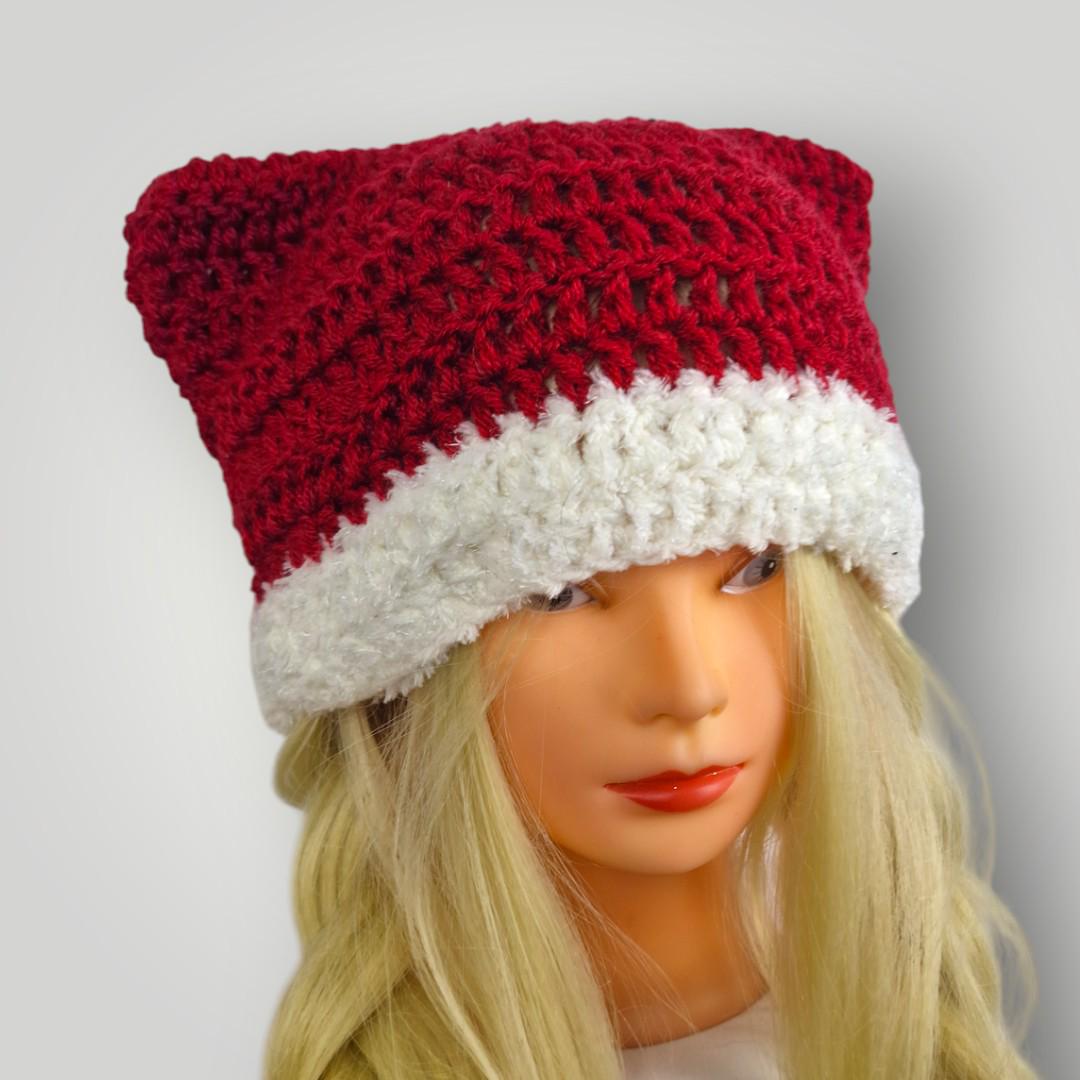 Christmas Cat Ear Beanie Crochet, Festive Holiday Hat, Cozy Teddy Brim, Handmade Winter Beanie - Lina And Stitches