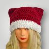 Christmas Cat Ear Beanie Crochet, Festive Holiday Hat, Cozy Teddy Brim, Handmade Winter Beanie - Lina And Stitches