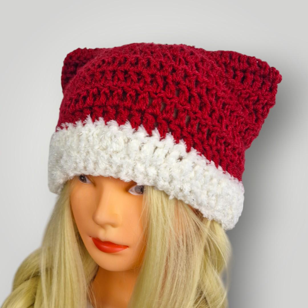 Christmas Cat Ear Beanie Crochet, Festive Holiday Hat, Cozy Teddy Brim, Handmade Winter Beanie - Lina And Stitches