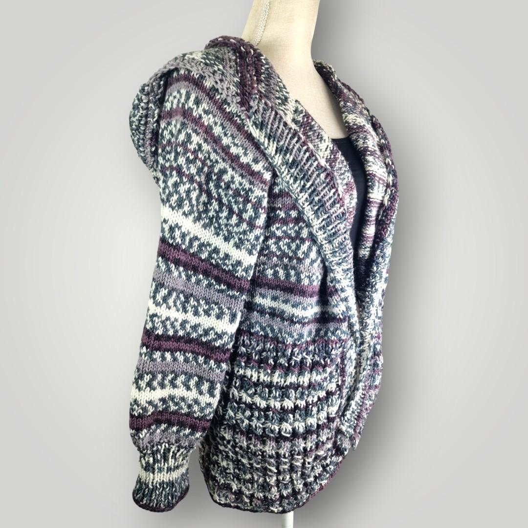 Chunky Knit Hooded Cardigan | Grey Purple White Camouflage Yarn | Cozy Open Front Cardigan - Lina And Stitches
