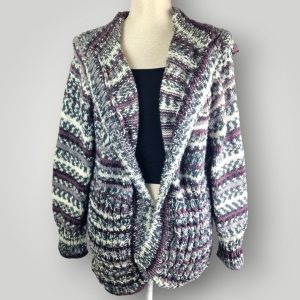 Chunky Knit Hooded Cardigan | Grey Purple White Camouflage Yarn | Cozy Open Front Cardigan - Lina And Stitches