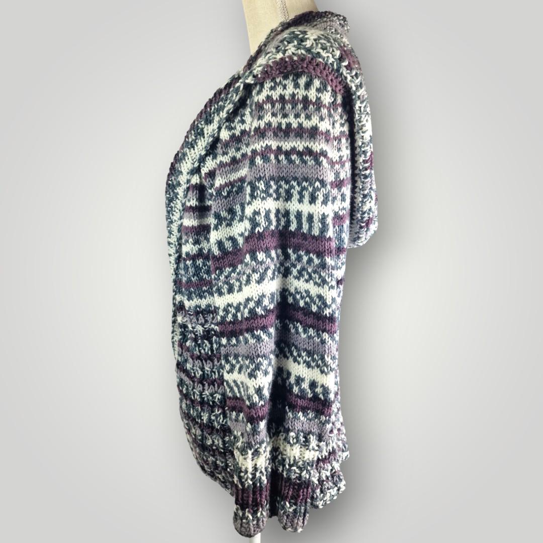 Chunky Knit Hooded Cardigan | Grey Purple White Camouflage Yarn | Cozy Open Front Cardigan - Lina And Stitches