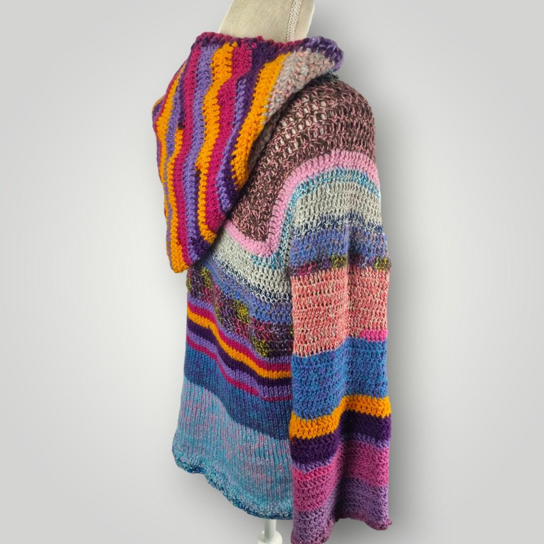 Colorful Knit Hoodie Sweater | Handmade Multicolor Knit Hoodie | Oversized L XL | One of a Kind - Lina And Stitches