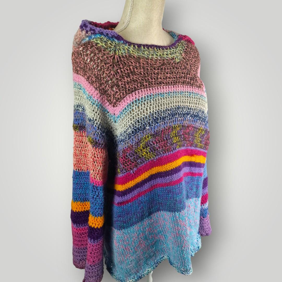 Colorful Knit Hoodie Sweater | Handmade Multicolor Knit Hoodie | Oversized L XL | One of a Kind - Lina And Stitches