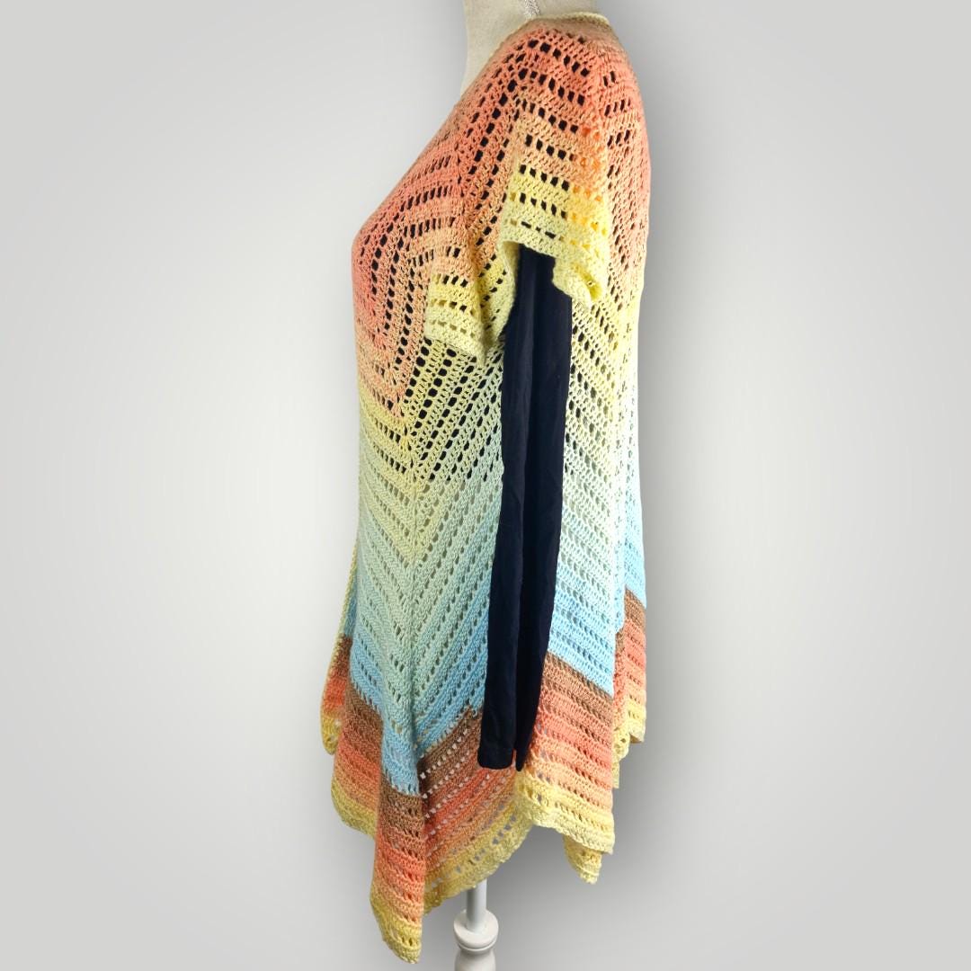 Crochet Chevron Lace Cardigan | Handmade Lightweight | Short Sleeve Open Front | Size L - Lina And Stitches