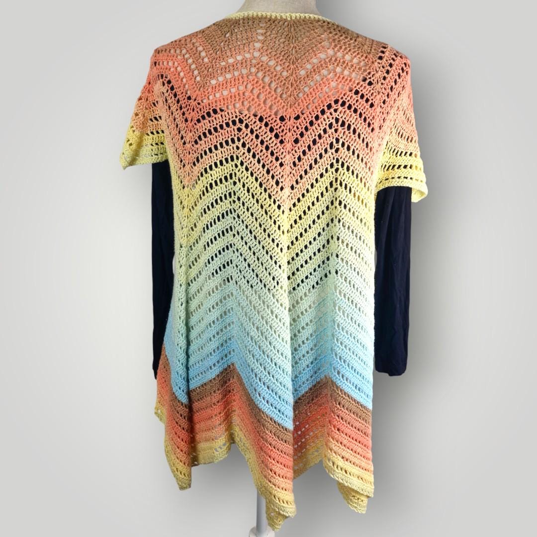 Crochet Chevron Lace Cardigan | Handmade Lightweight | Short Sleeve Open Front | Size L - Lina And Stitches