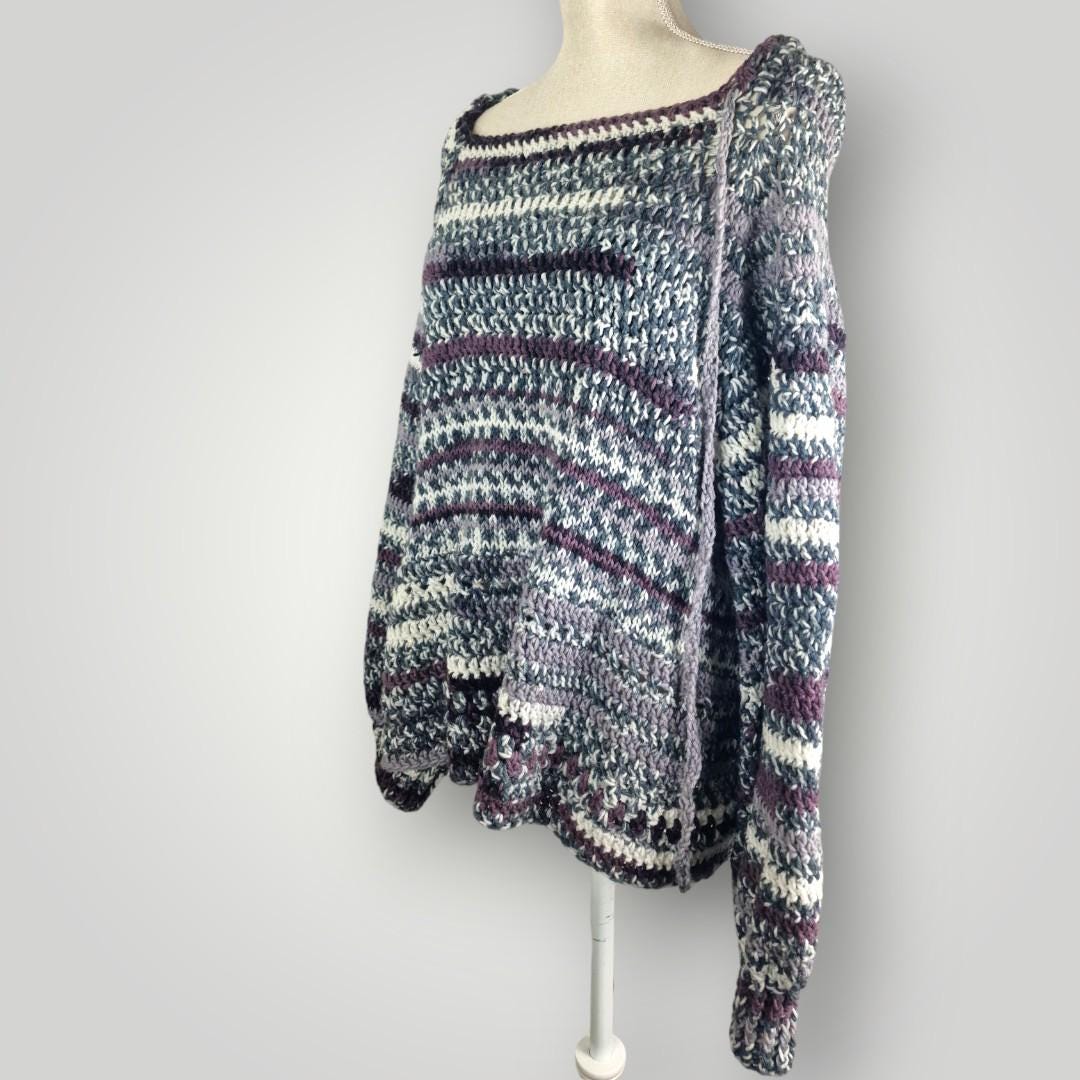 il_fullxfull.7758771884_fw5n.jpg Everyday Knit Crochet Sweater| Grey Purple White Camouflage Yarn | Cozy Homewear Knit - Lina And Stitches