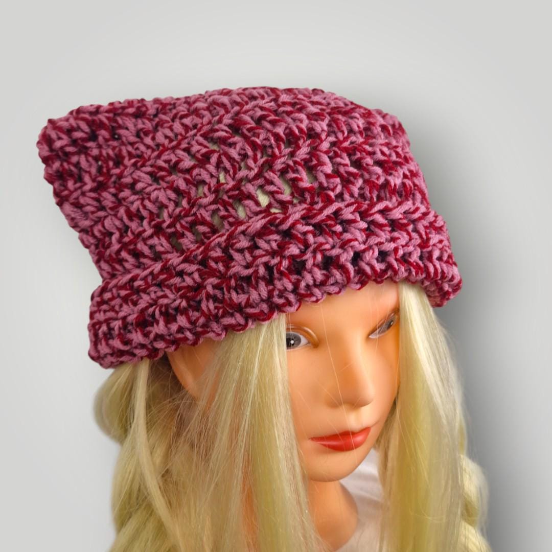 Happy Valentines Cat Ear Beanie Crochet, Handmade Cozy Beanie with Cat Ears - Lina And Stitches