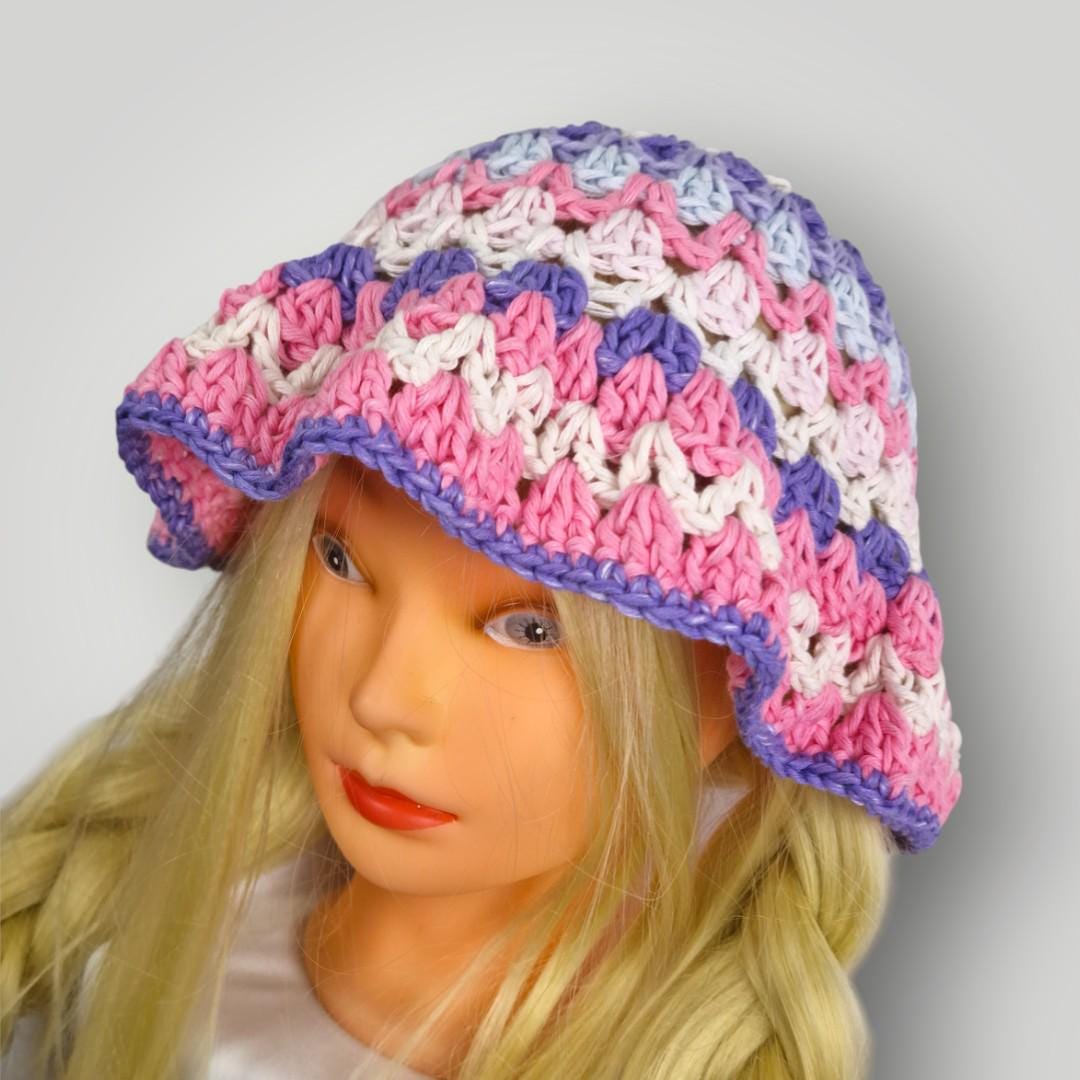 Crochet Bucket Hat | Handmade Cotton Summer Hat | Kelp Pattern | Pastel Color Mix - Lina And Stitches