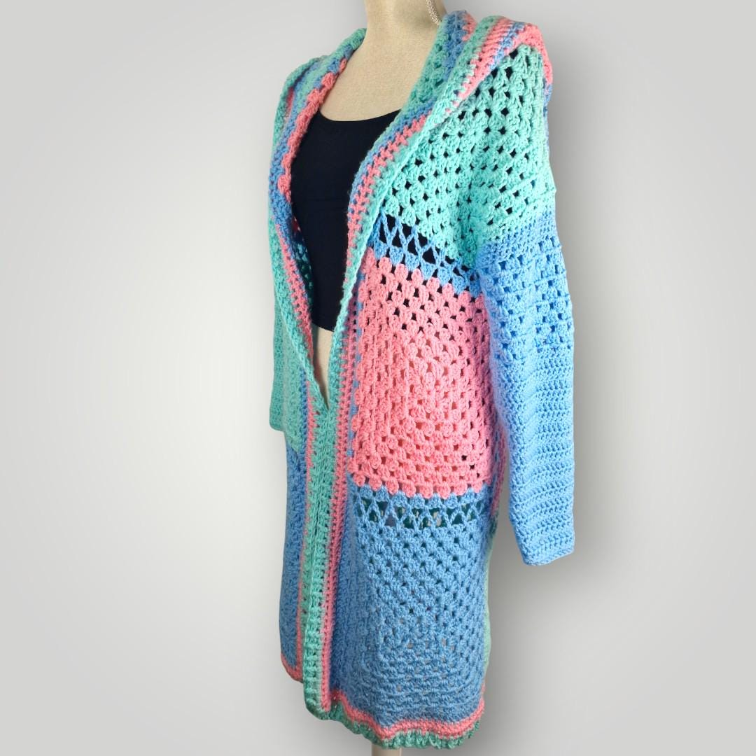 il_fullxfull.7758870352_j1xj.jpg Long Kawaii Pastell Cardigan | Handmade Crochet Hooded Cardigan | Cozy Long Layer | Size L - Lina And Stitches