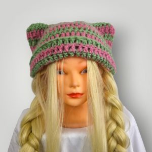 Handmade Crochet Cat Ear Beanie, Oversized Slouchy Fit, Soft Spring Pastel Hat, Fuzzy Yarn Beanie - Lina And Stitches
