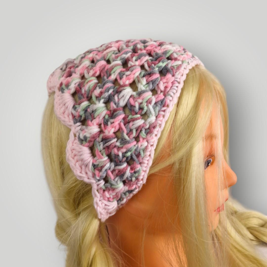 Rose Garden Crochet Bandana, Handmade Tie Head Scarf, Soft Pastel Acrylic Yarn, Spring Hair Accessory - Lina And Stitches