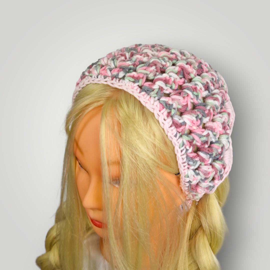 Rose Garden Crochet Bandana, Handmade Tie Head Scarf, Soft Pastel Acrylic Yarn, Spring Hair Accessory - Lina And Stitches