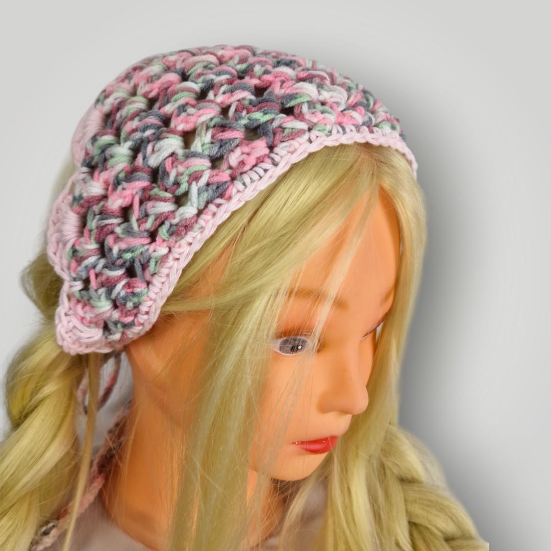 Rose Garden Crochet Bandana, Handmade Tie Head Scarf, Soft Pastel Acrylic Yarn, Spring Hair Accessory - Lina And Stitches