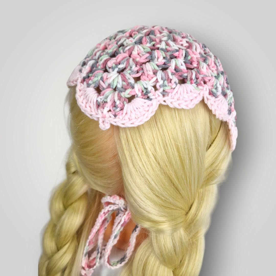 Rose Garden Crochet Bandana, Handmade Tie Head Scarf, Soft Pastel Acrylic Yarn, Spring Hair Accessory - Lina And Stitches