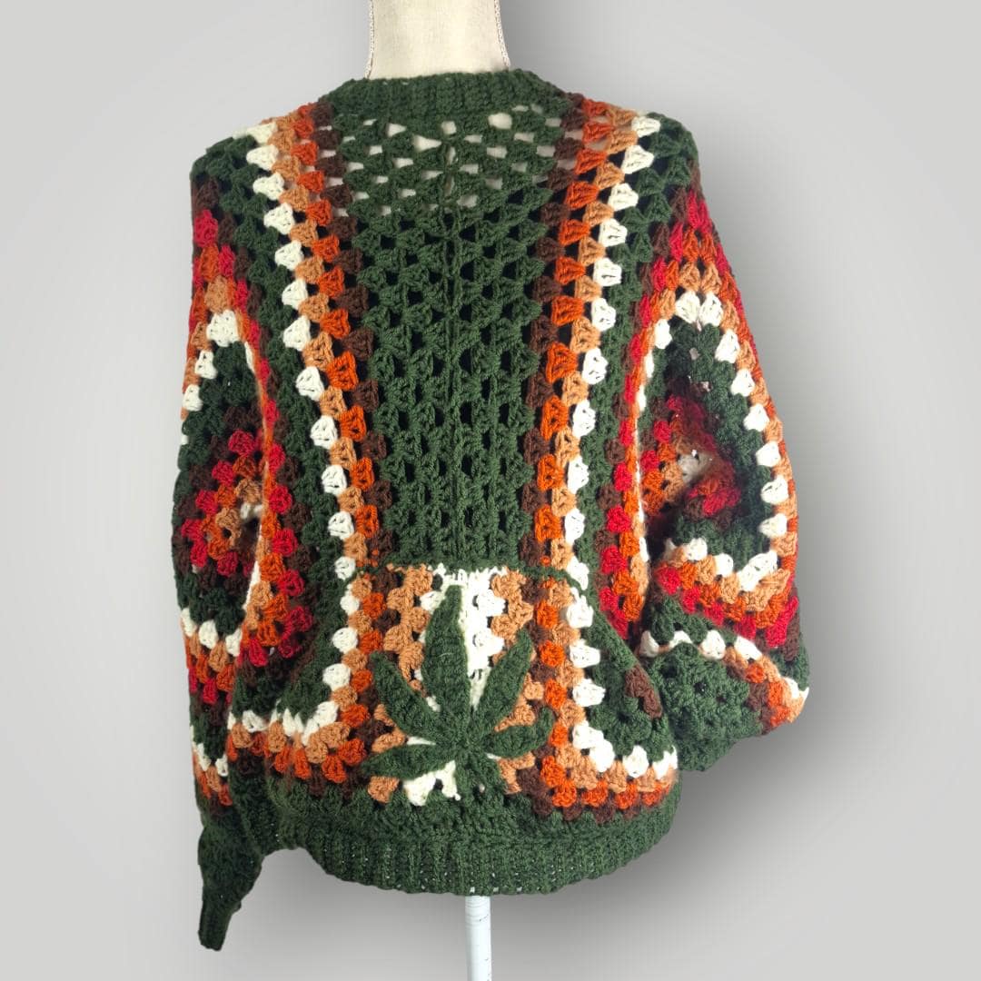 il_fullxfull.7759099044_5bmg.jpg Wildwood Hexagon Sweater with Leaf | Handmade Crochet Sweater | Oversized M | Cozy Forest-Inspired - Lina And Stitches