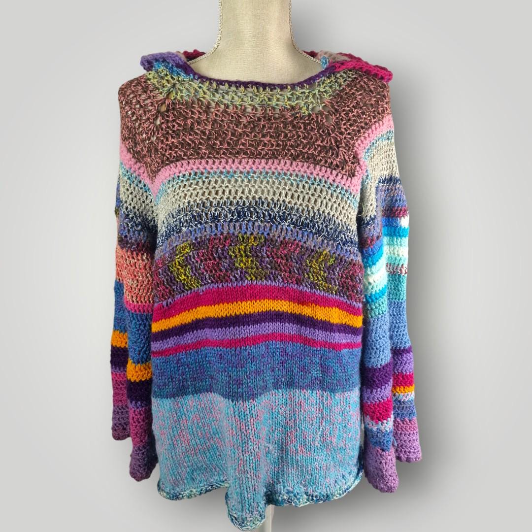 Colorful Knit Hoodie Sweater | Handmade Multicolor Knit Hoodie | Oversized L XL | One of a Kind - Lina And Stitches