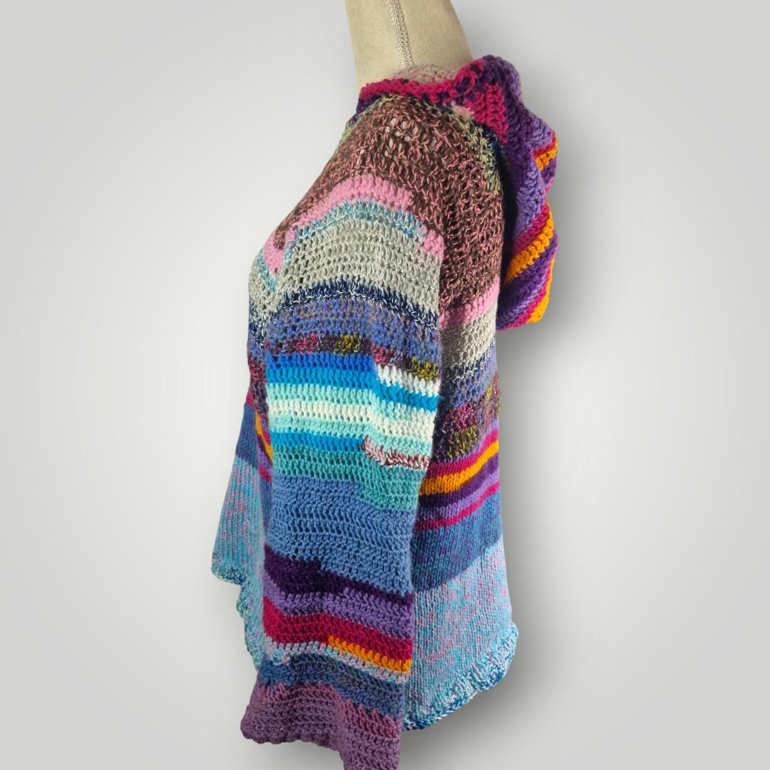 Colorful Knit Hoodie Sweater | Handmade Multicolor Knit Hoodie | Oversized L XL | One of a Kind - Lina And Stitches