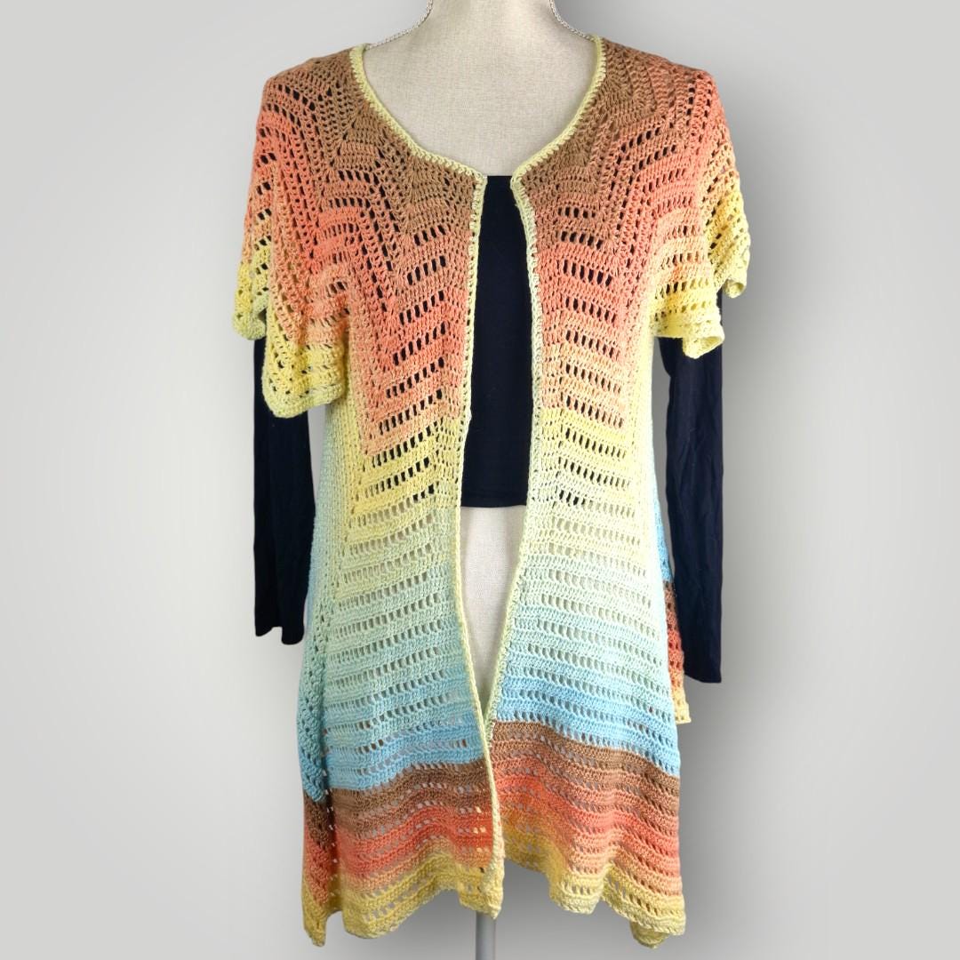 Crochet Chevron Lace Cardigan | Handmade Lightweight | Short Sleeve Open Front | Size L - Lina And Stitches