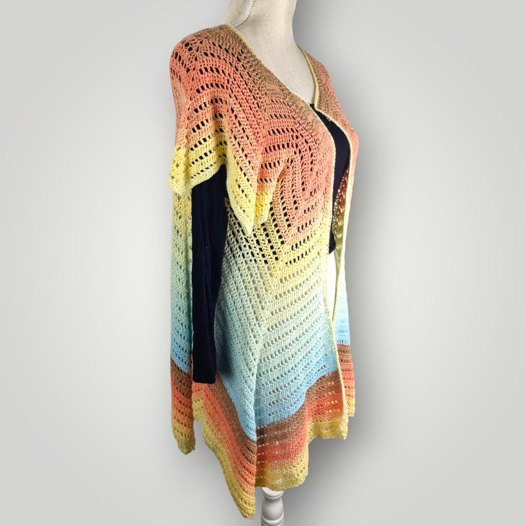 Crochet Chevron Lace Cardigan | Handmade Lightweight | Short Sleeve Open Front | Size L - Lina And Stitches