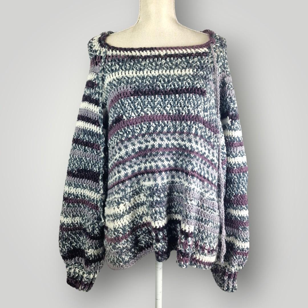 il_fullxfull.7806719171_92m8.jpg Everyday Knit Crochet Sweater| Grey Purple White Camouflage Yarn | Cozy Homewear Knit - Lina And Stitches