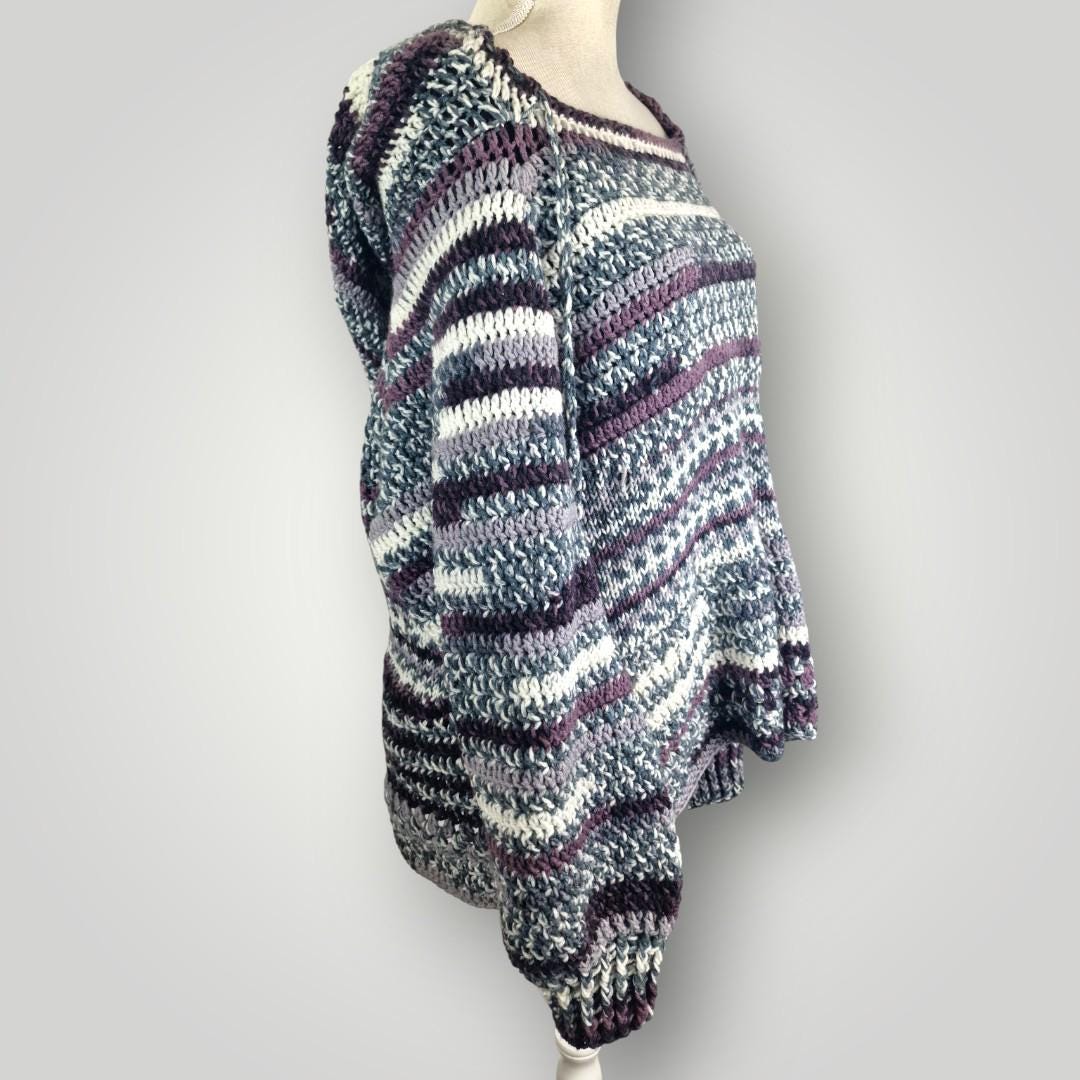 il_fullxfull.7806719225_r6xi.jpg Everyday Knit Crochet Sweater| Grey Purple White Camouflage Yarn | Cozy Homewear Knit - Lina And Stitches