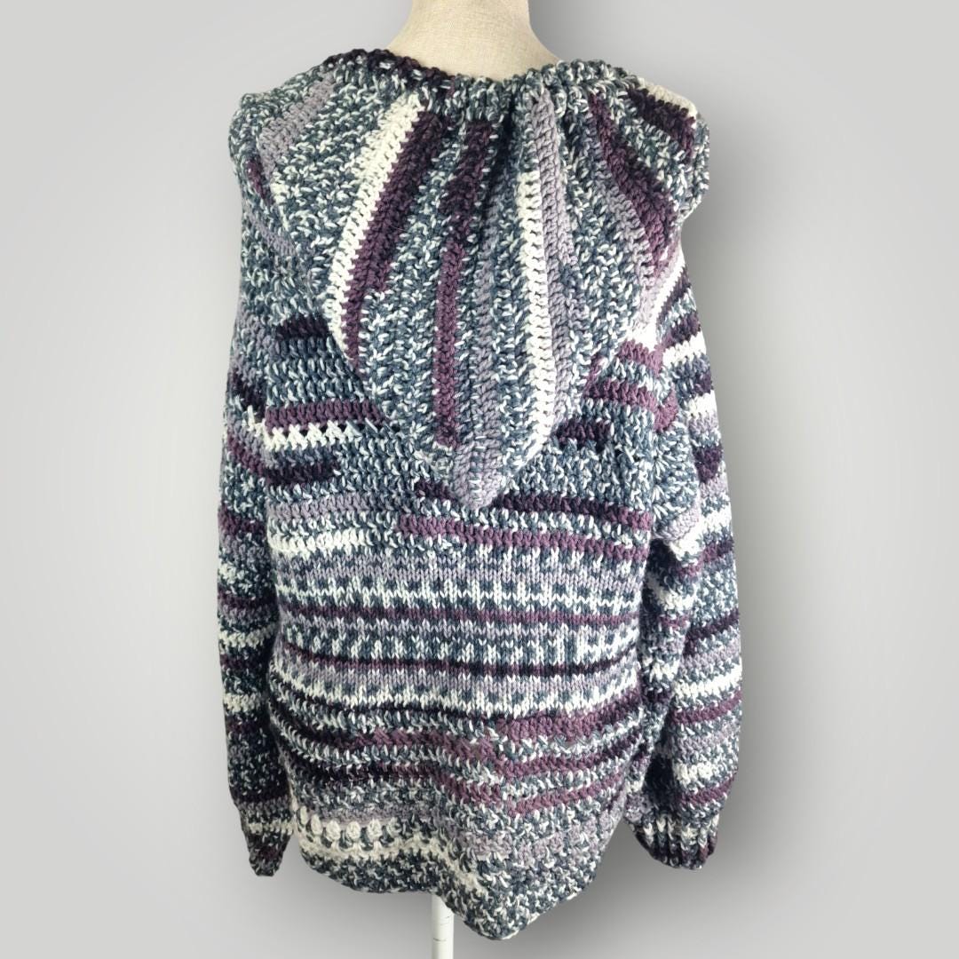 il_fullxfull.7806719229_b00e.jpg Everyday Knit Crochet Sweater| Grey Purple White Camouflage Yarn | Cozy Homewear Knit - Lina And Stitches
