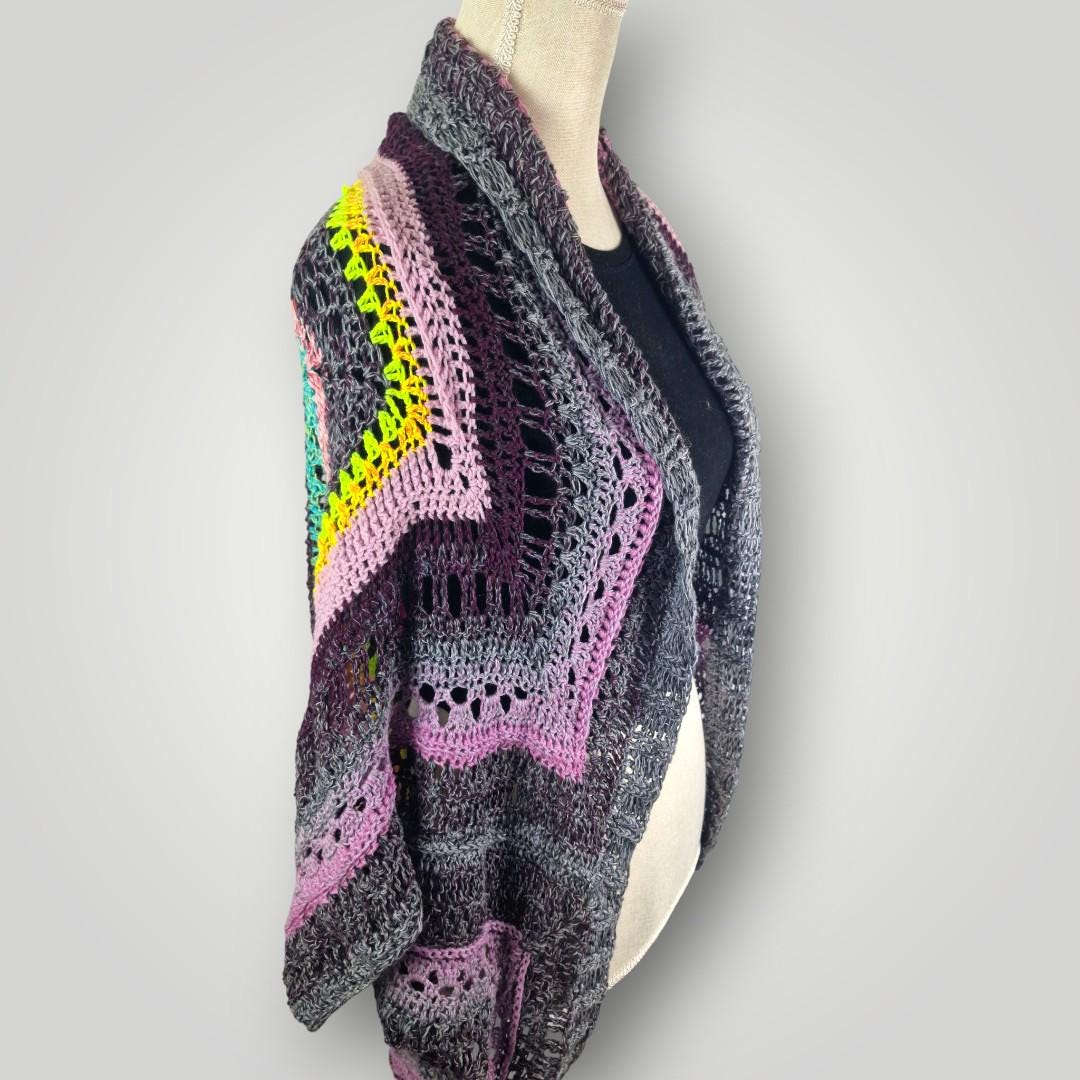 Handmade Granny Square Crochet Cocoon Cardigan, Oversized Wrap, Colorful Scrap Yarn Cardigan - Lina And Stitches