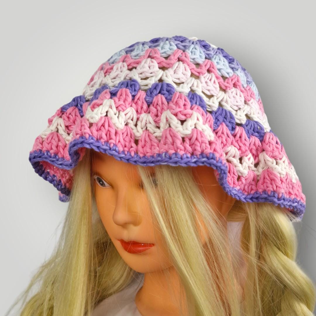 Crochet Bucket Hat | Handmade Cotton Summer Hat | Kelp Pattern | Pastel Color Mix - Lina And Stitches