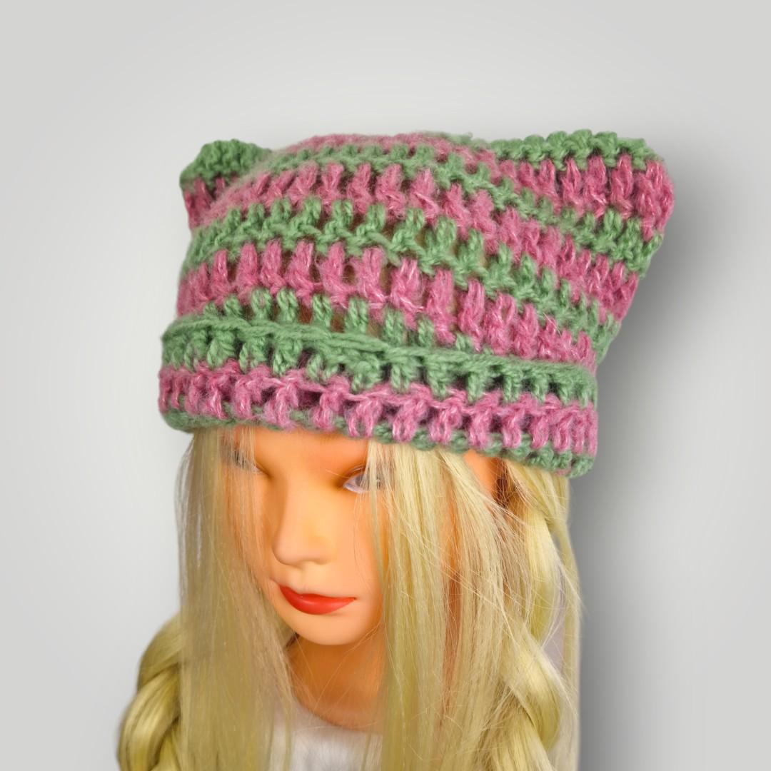 Handmade Crochet Cat Ear Beanie, Oversized Slouchy Fit, Soft Spring Pastel Hat, Fuzzy Yarn Beanie - Lina And Stitches