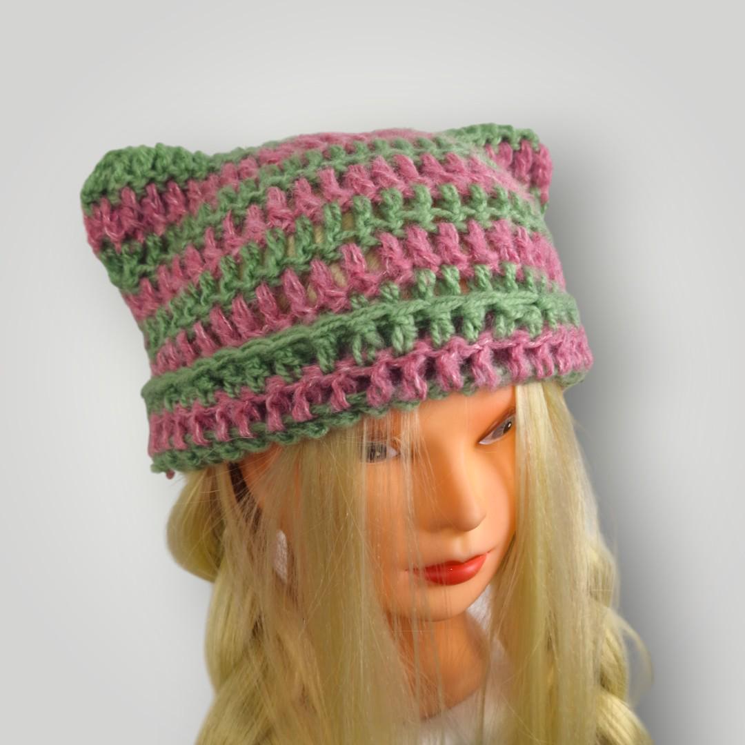 Handmade Crochet Cat Ear Beanie, Oversized Slouchy Fit, Soft Spring Pastel Hat, Fuzzy Yarn Beanie - Lina And Stitches