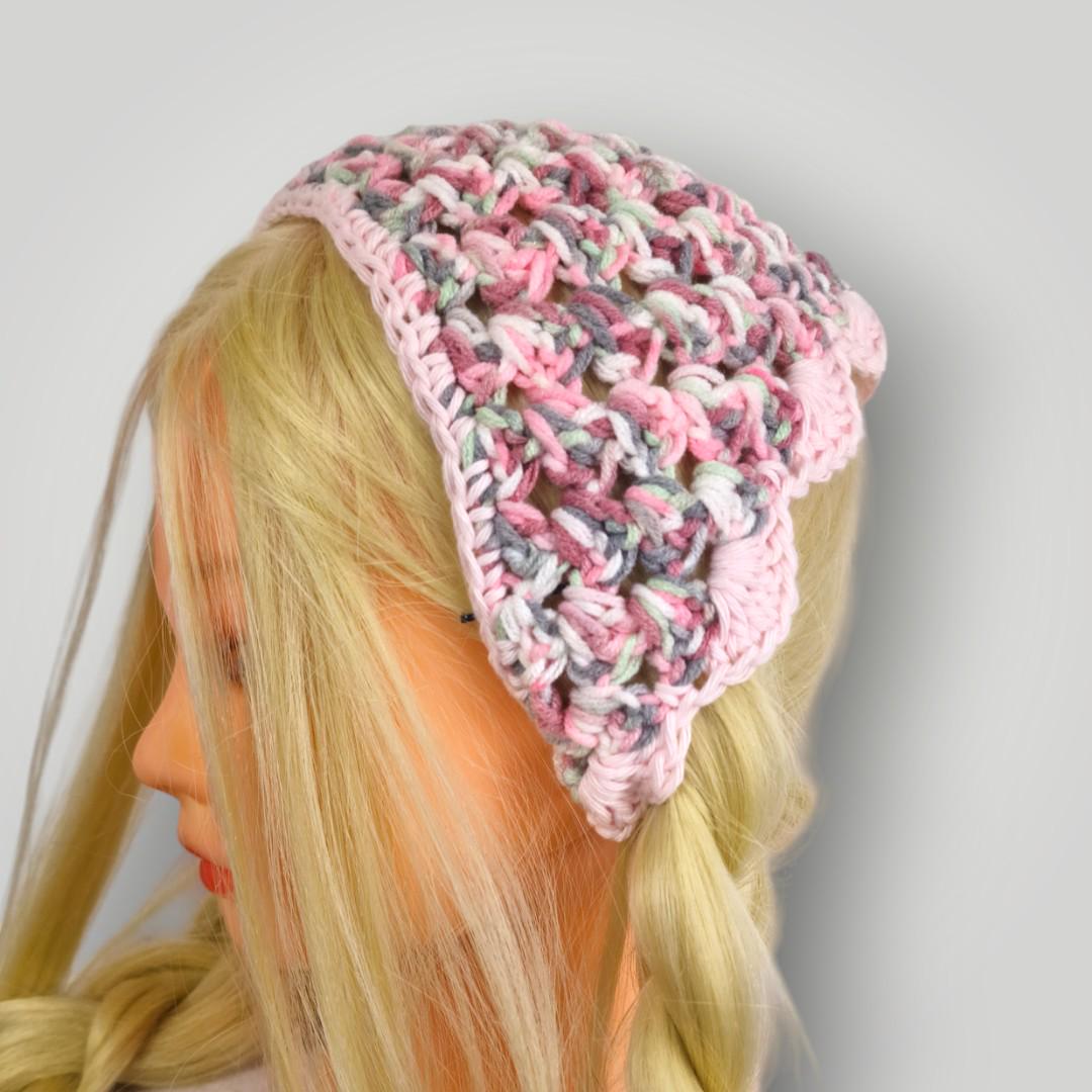Rose Garden Crochet Bandana, Handmade Tie Head Scarf, Soft Pastel Acrylic Yarn, Spring Hair Accessory - Lina And Stitches